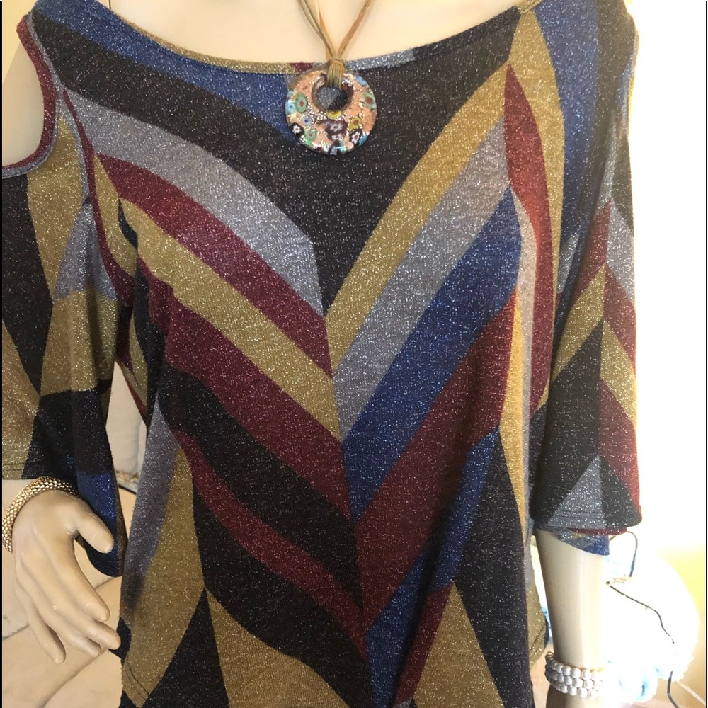 Multi colored shimmer cold shoulder top